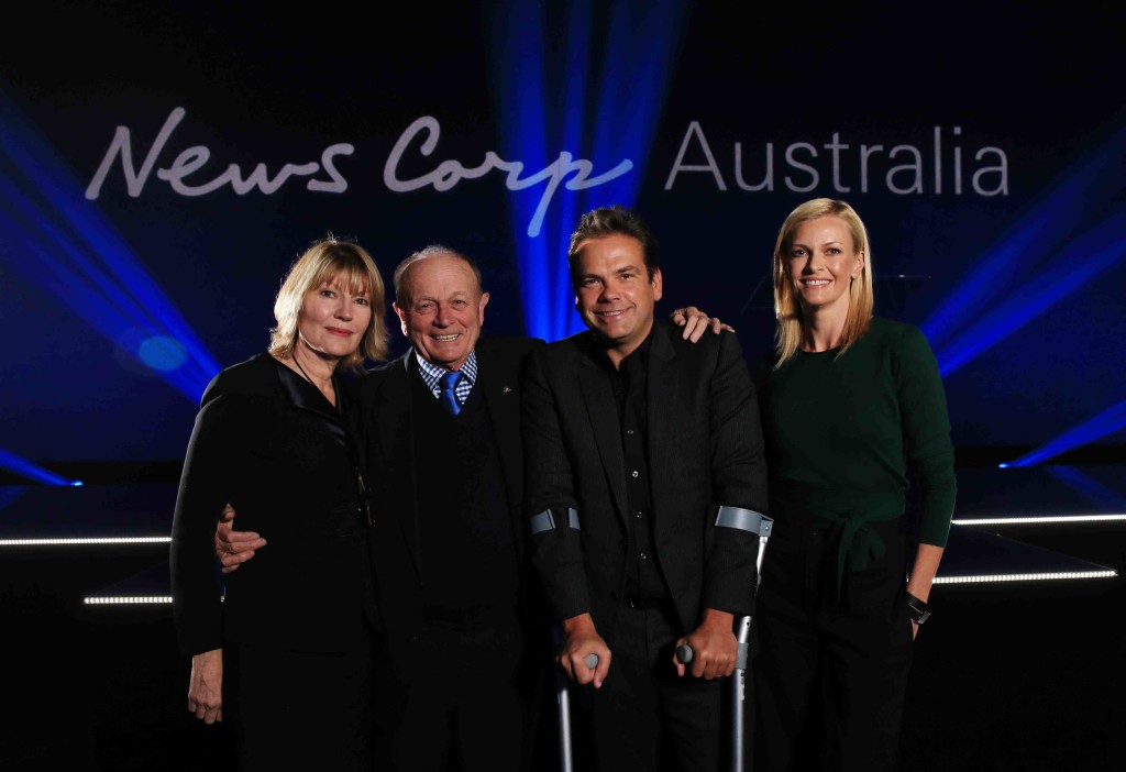 News Corp Australia hold the Come Together event at Fox Studios in Moore Park, a launch event to announce new products and initiatives to the industry. L-R Katie Page, Gerry Harvey, Lachlan and Sarah Murdoch. Picture: Toby Zerna
