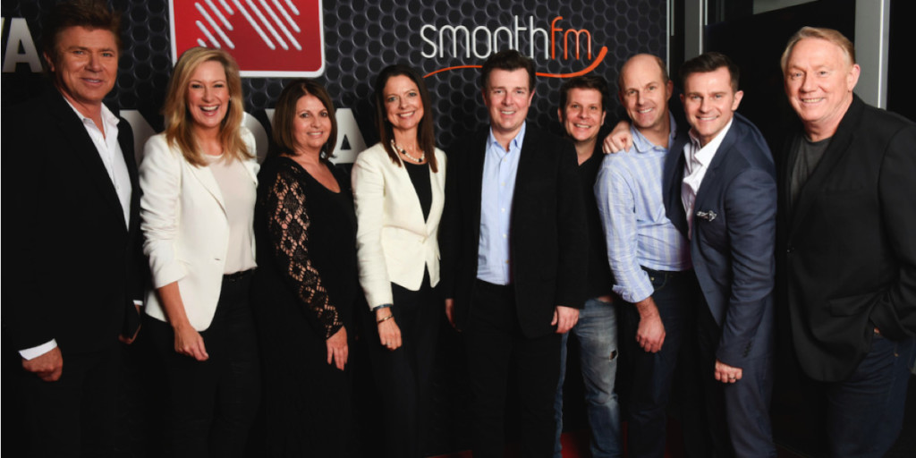 smoothfm Sydney team: Richard Wilkins, Melissa Doyle, Bogart Torelli, Cathy O'Connor, Paul Jackson, Byron Webb, Peter Clay, David-Campbell and Ron Wilson