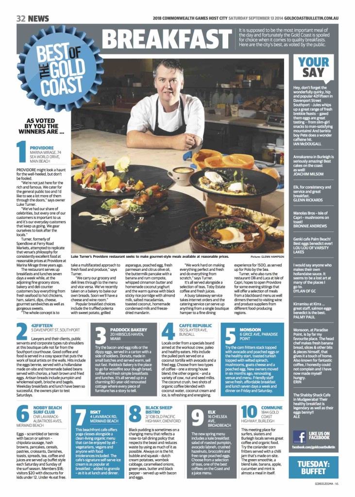 The Best of Breakfast page that ran in the Gold Coast Bulletin on 13 September 2014