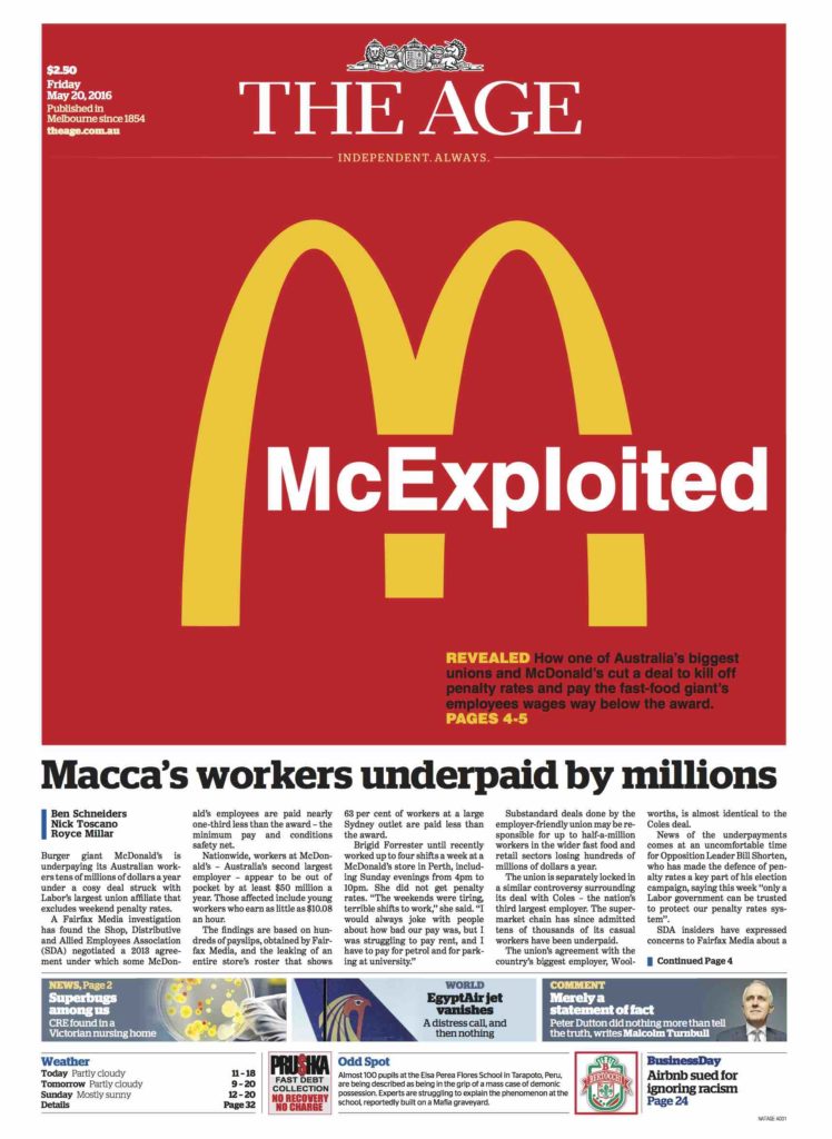 The Age McExploited front page