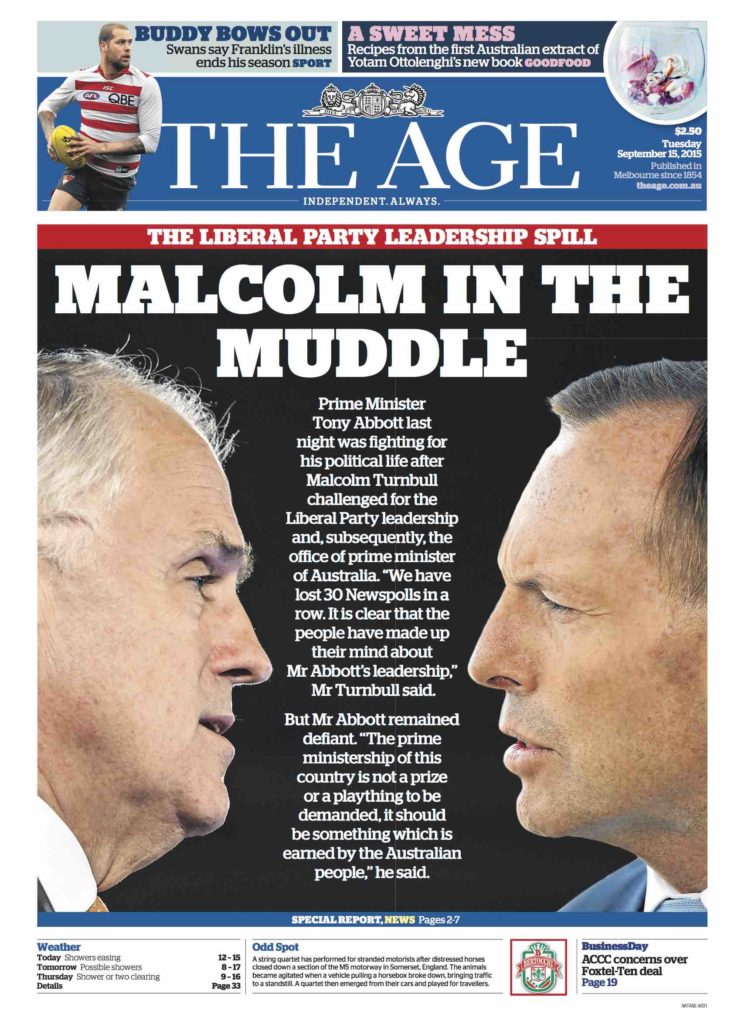 The Age front page with Shorten and Turnbull