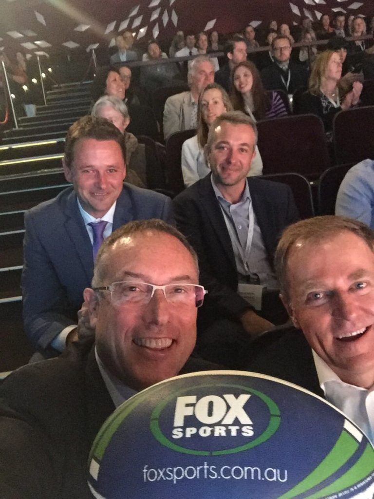 Fox Sports CEO Patrick Delany [front L] beside Foxtel CEO Peter Tonagh, behind them are Adam Howarth [L – acquisitions and integration manager] and Lee Robson [head of publicity]