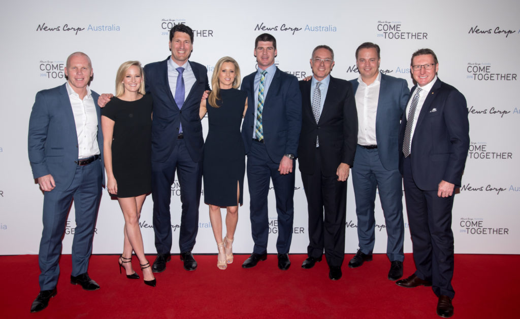 Fox Sports team [L-R] Robbie Slater, Jessica Yates, John Eales, Jonathan Brown, CEO Patrick Delany, Mark Bosnich and Mark Skaife