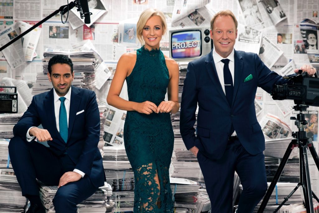 Weeknights are anchored by Waleed Aly, Carrie Bickmore and Peter Helliar from The Project