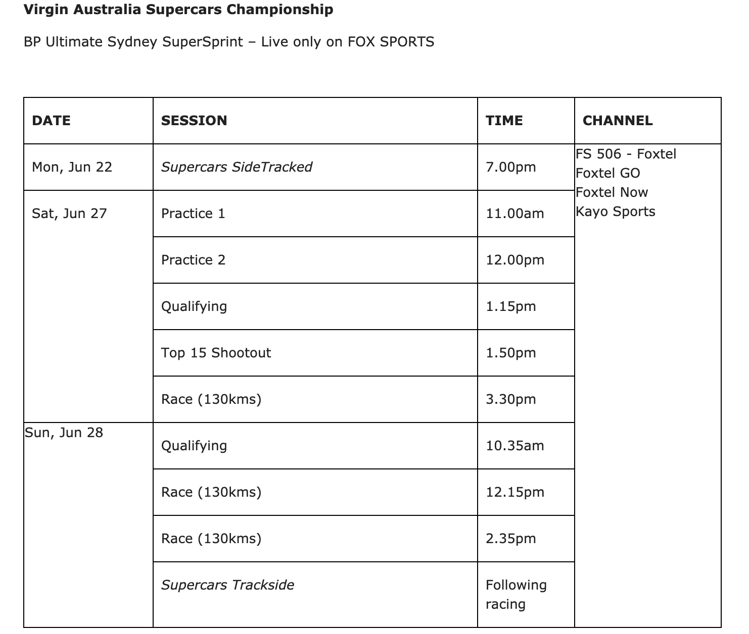 Supercars schedule