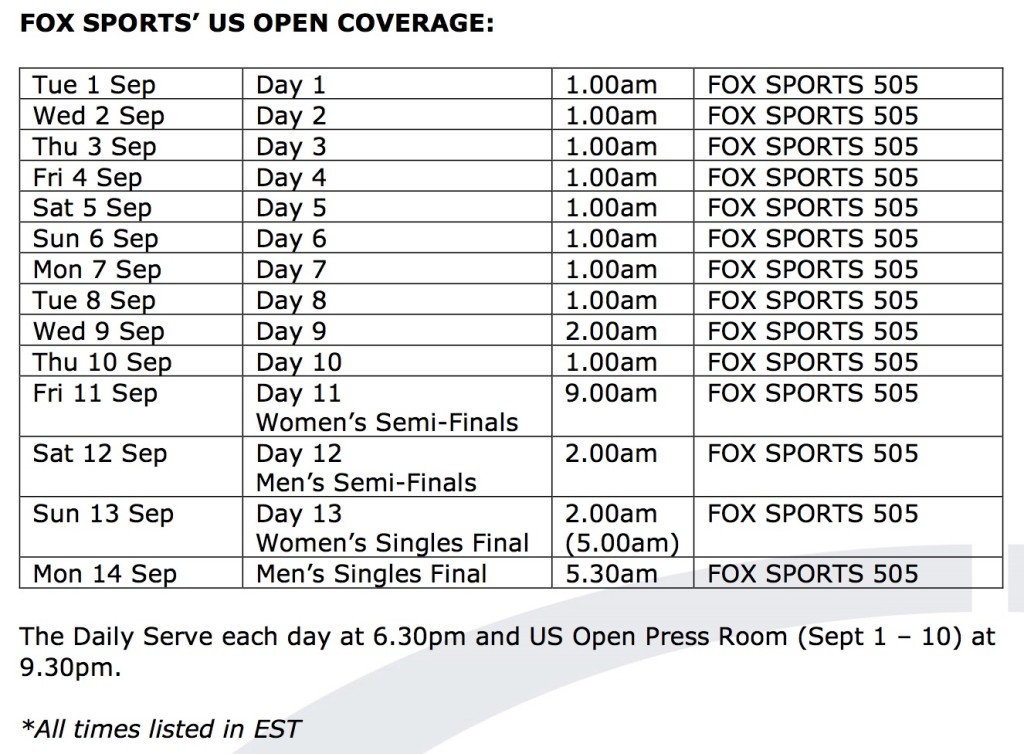 Fox Sports tennis schedule