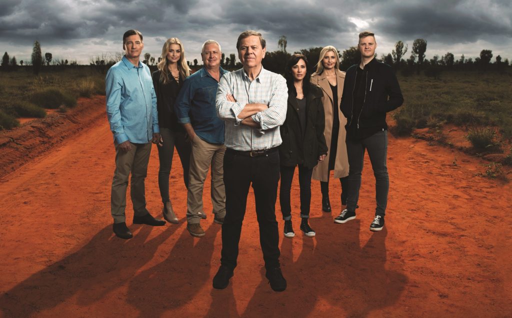 ex-One Nation politician David Oldfield, former Miss Universe Renae Ayris, TV personality Ian "Dicko" Dickson, singer Natalie Imbruglia, actor Nicki Wendt and comedian Tom Ballard, with Ray Martin centre)