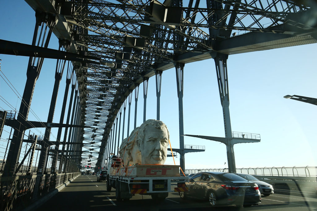 Giant stone heads of The Grand Tour presenters bring Sydney to a standstill