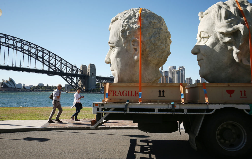Giant stone heads of The Grand Tour presenters bring Sydney to a standstill