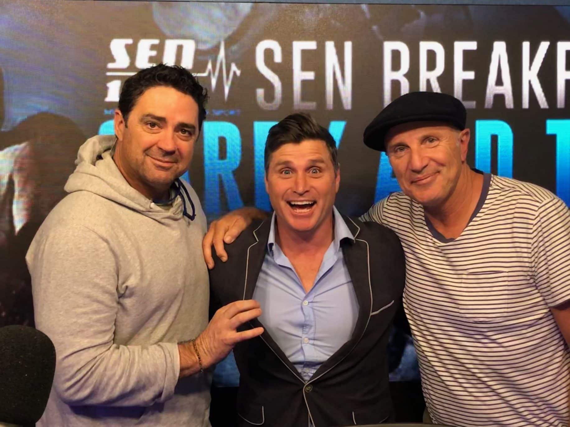 SEN breakfast hosts Garry Lyon and Tim Watson with guest Shane Crawford. The show recorded its best audiences in five years this week as the station reported its biggest ever cume audience.