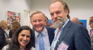 Anthony Albanese with actors Leah Vandenberg and Hugo Weaving in Canberra