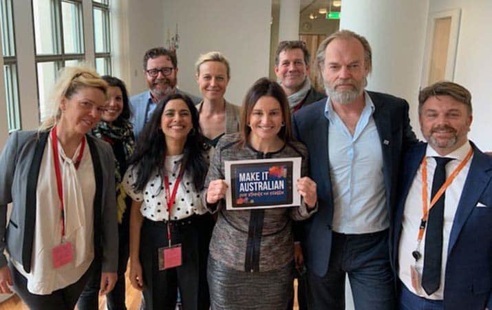 Jacqui Lambie supporting action on local content with screen professionals including Hugo Weaving and Marta Dusseldorp and producer Kevin Whyte