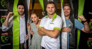News Corp Australia - SuperCoach ambassador Heath Shaw with footy fan Adam Bliss, 2021 winner Emily Challis and 2022 winner JP Haigh