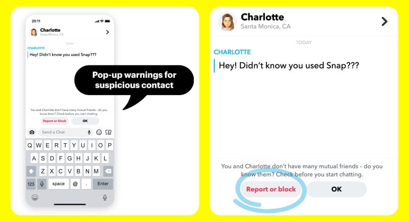 Snapcaht Safety Update Pop-up Warnings